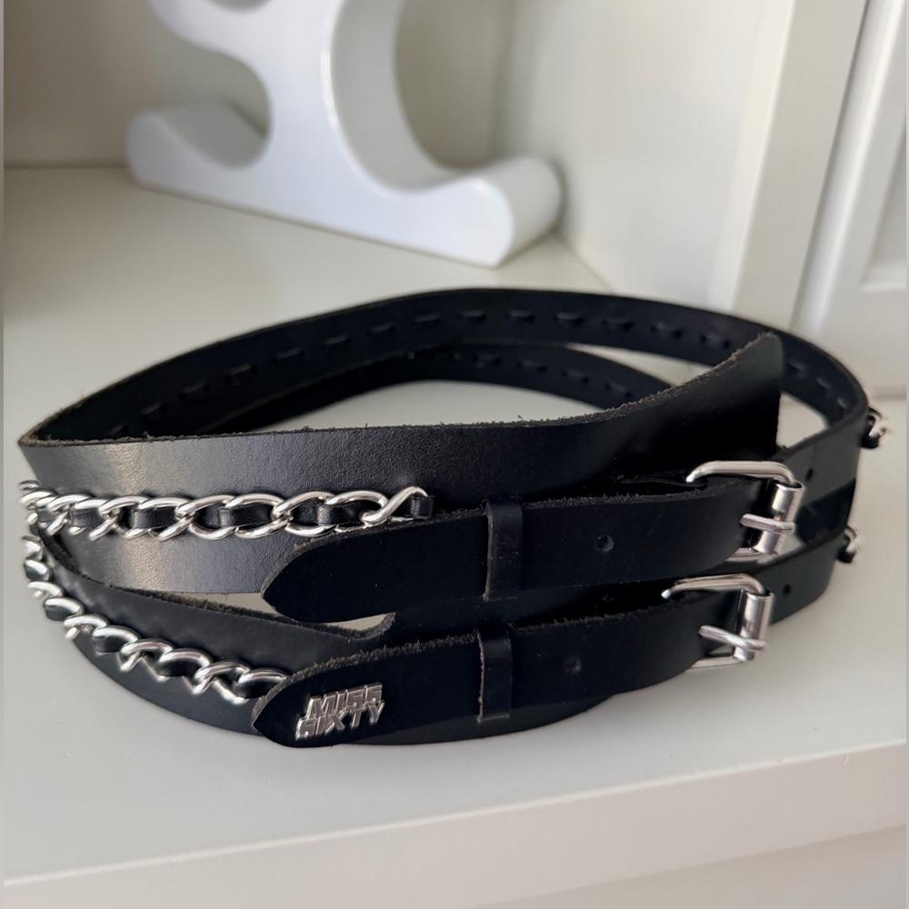 Y2K Vintage MISS SIXTY Leather Black Silver Chain Thick Statement Belt Size M 74